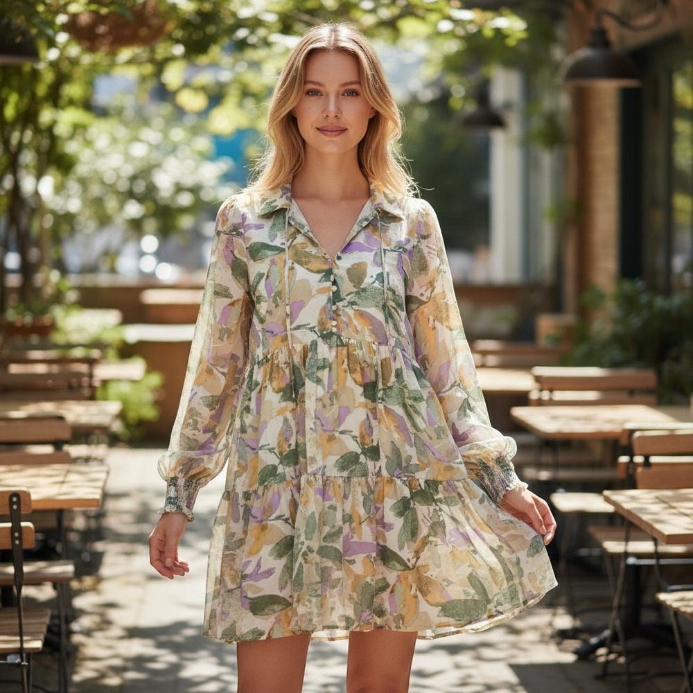 Entro Floral Tiered Mini Dress Long Sleeve Smocked Cuff Purple Green Mustard NEW